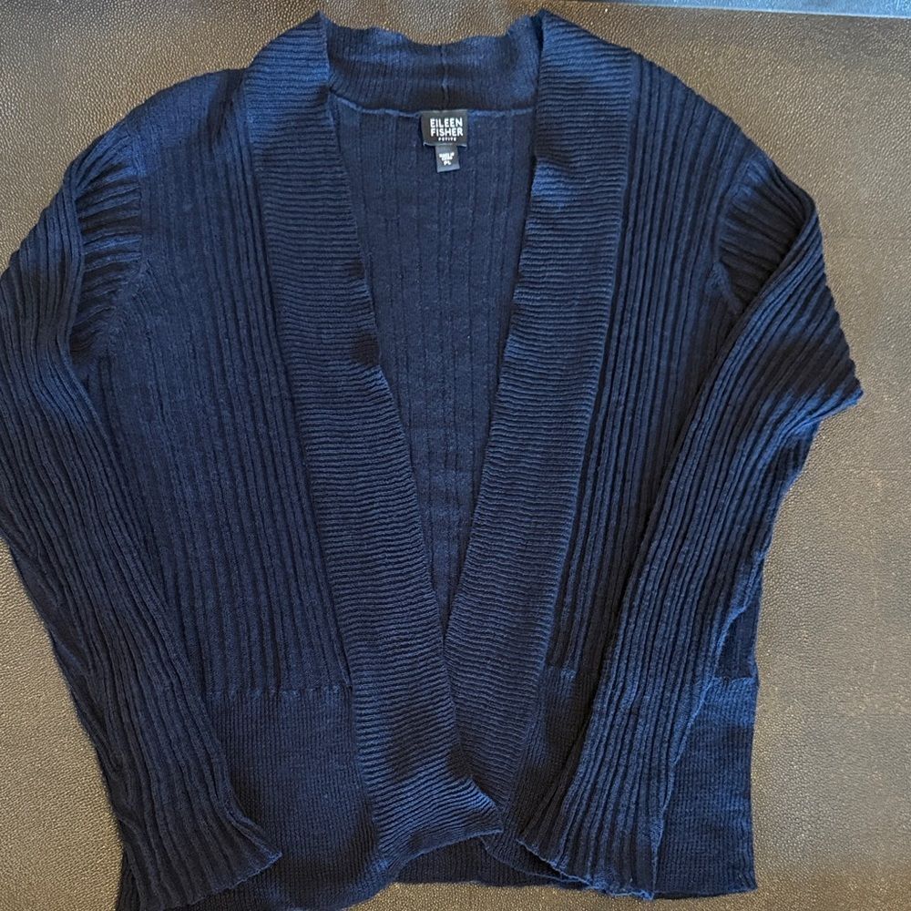 Eileen Fisher Linen Midnight Blue Ribbed Open Front Cardigan one size